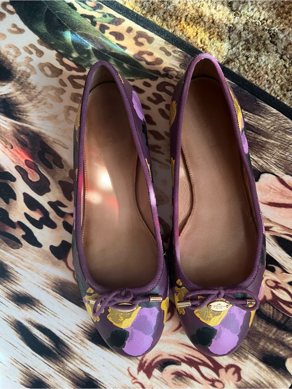 Coach Purple Floral Print Leather Ballet Flats with Gold Hardware